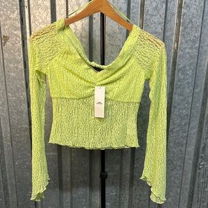 Urban Outfitters Light Lime Ruched V-Neck Long Sleeve Top